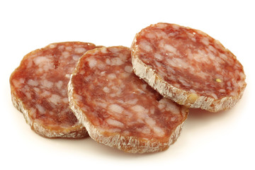 spicy Italian salami sausage on a white background