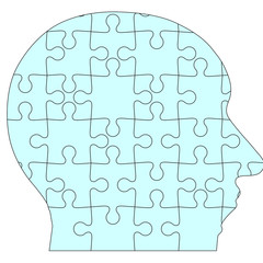 Jigsaw puzzle human head, blue background.