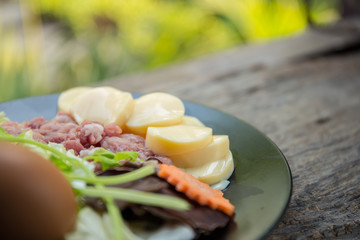 egg tofu and pork with raw, focus tofu