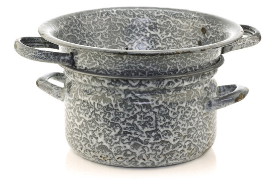 vintage grey enamel cooking pan with an enamel colander 