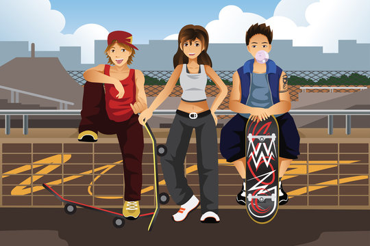 Young people hanging out outside with skateboard