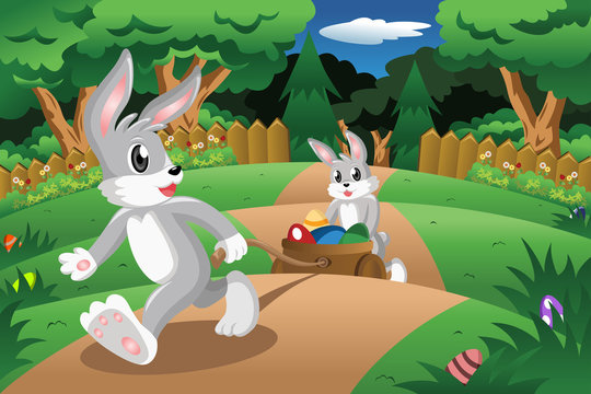 Rabbits pulling  an Easter egg cart