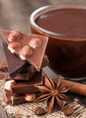 Stack of chocolate with nuts cinnamon and coffee
