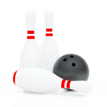 Three skittles and ball for bowling (3D render)