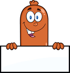 Smiling Sausage Cartoon Character Over A Blank Sign