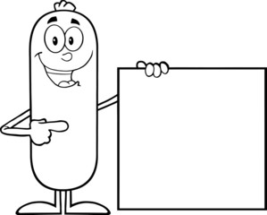 Black And White Sausage Character Pointing To A Blank Sign