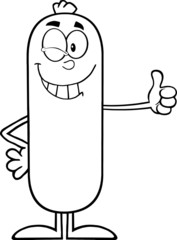 Black And White Winking Sausage Character Showing Thumbs Up