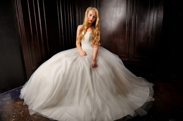 beautiful bride sitting posing in her wedding dress. Studio.
