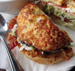 Bacon, lettuce, tomato on a cheese bun closeup.