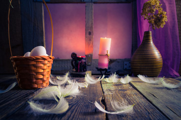 Vintage Easter basket eggs feathers