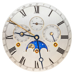 Antique silver clock face with moon rotation