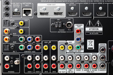 connectors panel of audio surround receiver amplifier
