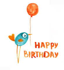 Bird blue with balloon. Birthday greeting. Watercolor - 78663010