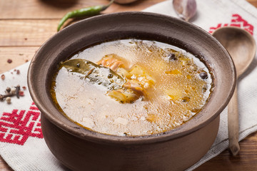 National Russian fish soup, closeup