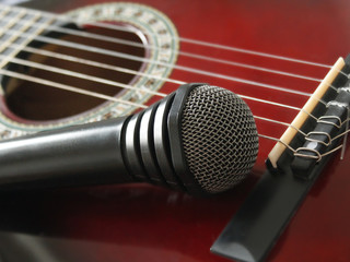 microphone laying on the guitar