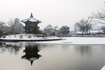beautiful gyeongbok palace in soul, south korea - snow, winter