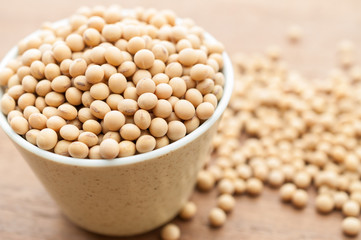 Soy beans in a bowl on wooden desk