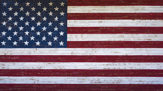 American or United States flag painted on a wooden plank wall