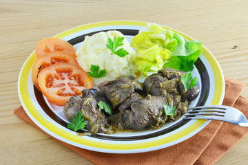 Fried chicken liver with mashed potatoes