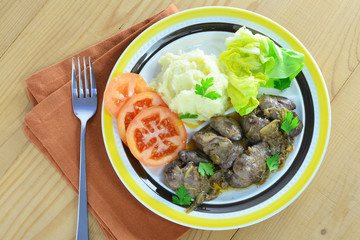 Pan fried chicken liver with mashed potatoes