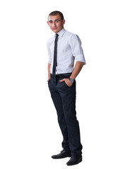 A young male model are being photographed in the studio.