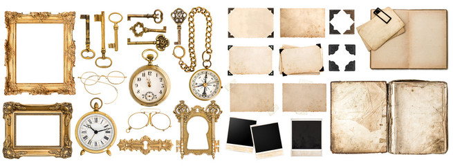 Antique book, aged paper, golden keys. Collection of vintage obj