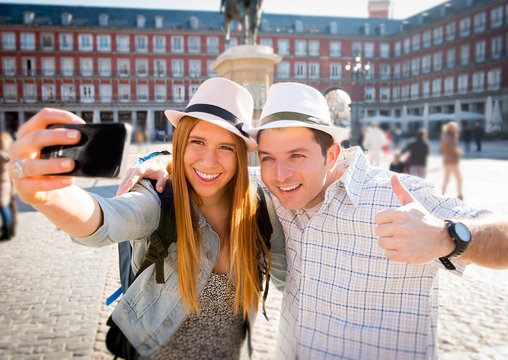 Friends Tourist Couple Visiting Europe In Holidays Taking Selfie