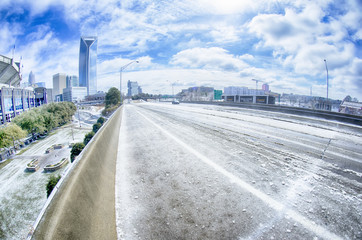 snow and ice covered city and streets of charlotte nc usa