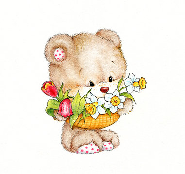 Cute Teddy bear with flowers