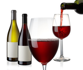 Wine bottle and glass on white background