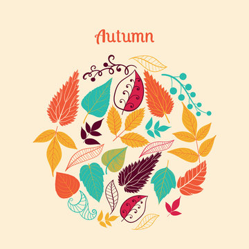 Vector illustration of circle made of leaves. Round shape made