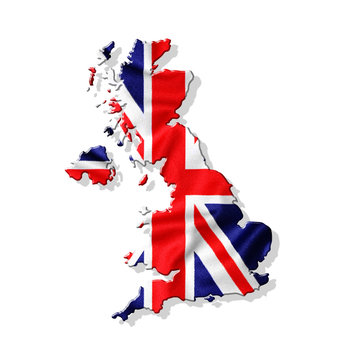Map of United Kingdom with waving flag isolated on white backgro