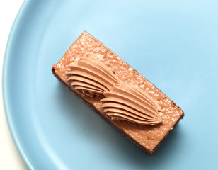 Beautiful tasty chocolate cake close up isolated on white backgr