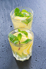 Fresh lemonade with mint in glasses on a dark background