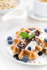 waffles with blueberries, cream and chocolate sauce, vertical