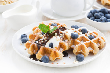 waffles with blueberries, cream and chocolate sauce