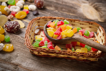 Fototapeta na wymiar dried fruits mix on wooden background