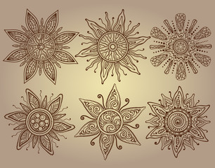 Vector print of six ornamental suns with a lot of details