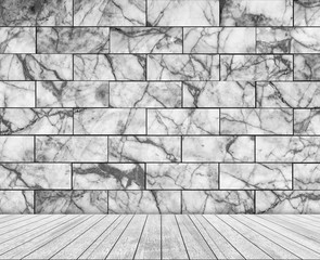 Backdrop stone wall and wood slabs in perspective for design.