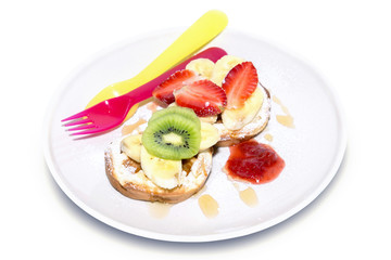 Top Sprinkle fruit on bread with strawberry jam on white backgro