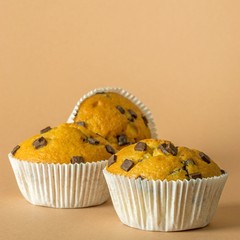 Chocolate chip muffins on brown background with copy space