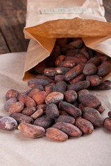 Cocoa beans in a paper bag