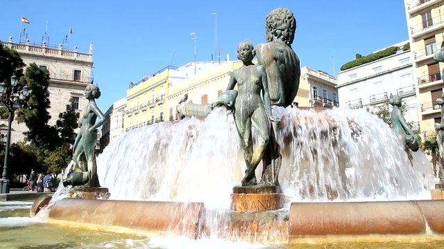 Turia Fountain in the Plaza de la Virgen in Valencia, Spain.