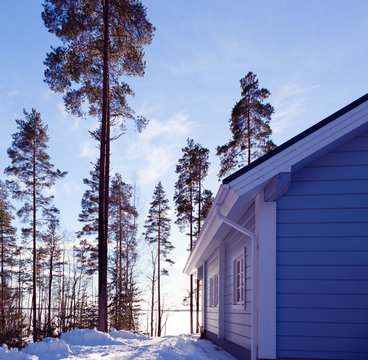 Winter Lake In Forest With House