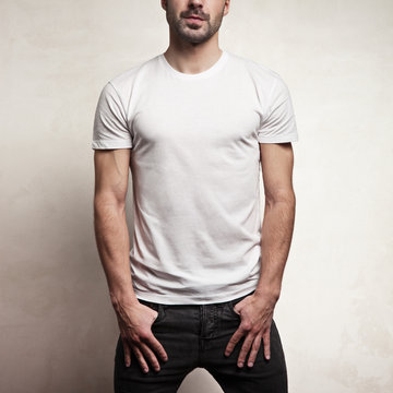 White blank t-shirt on handsome athletic man