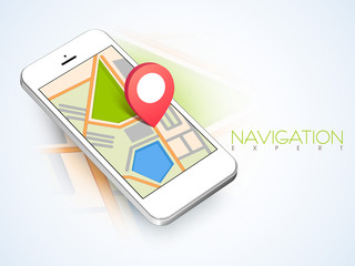 Map navigation pin with smartphone on shiny sky blue background.