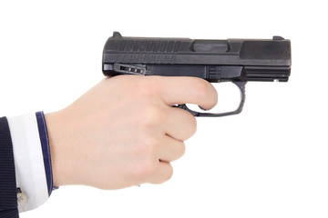 male hand holding gun isolated on white