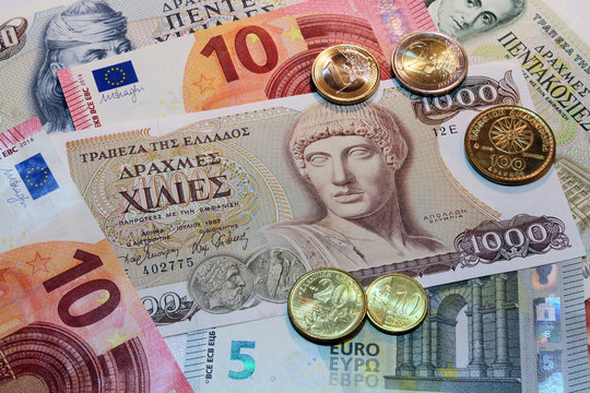 euro and drachma, banknotes and coins
