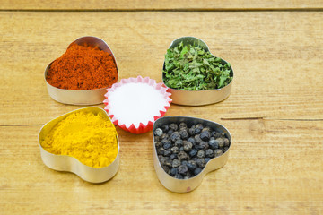 Black pepper, paprika, curry, basil and salt