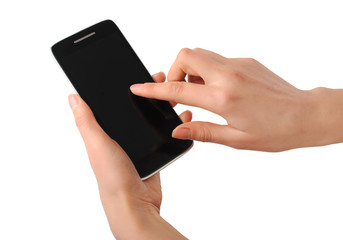 Cell Phone in woman's hands on white background. Close up.